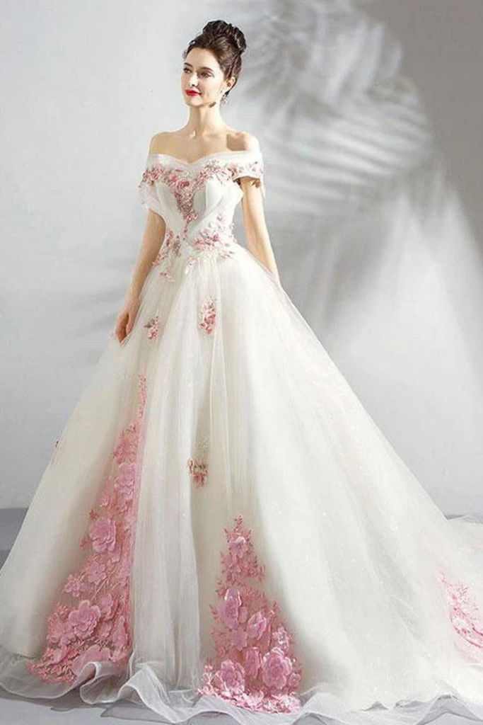 Vestido de novia de tul fuera del hombro con flores rosadas, vestido de novia