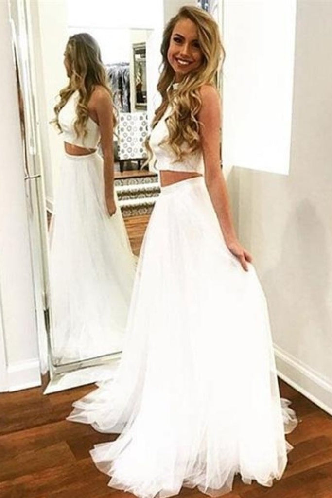 2 piezas de Flowy A-Line Ivory Long Open Back Prom Dresses para adolescentes