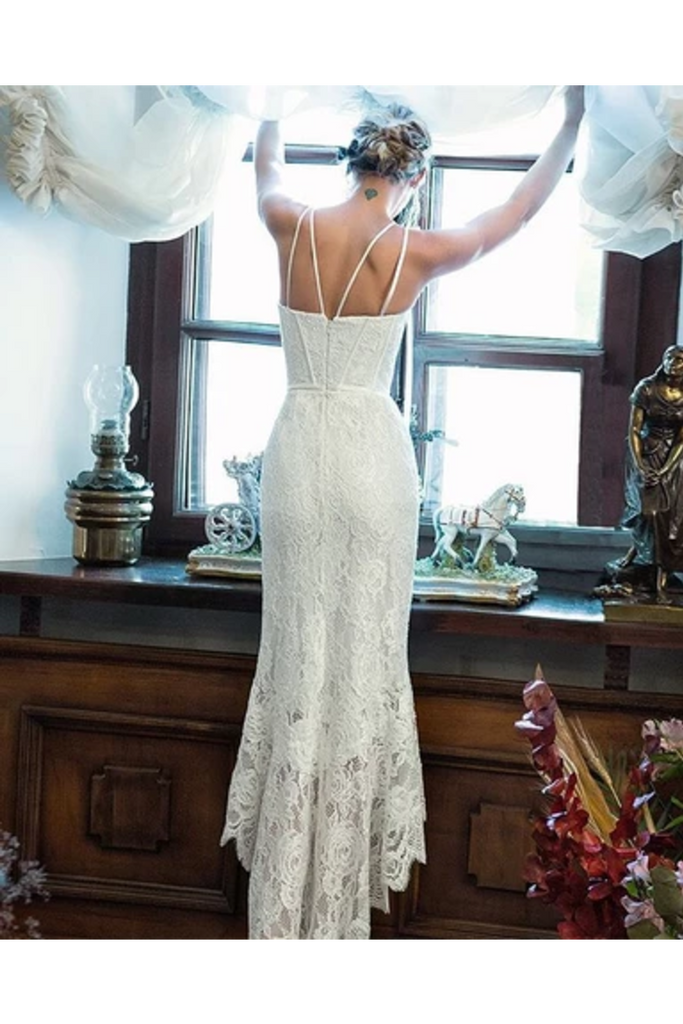 Vestido de fiesta elegante de encaje con vaina blanca, vestido de novia de encaje simple