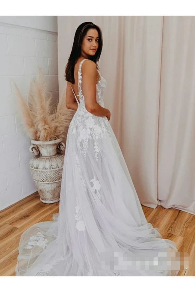 Vestido de novia sin espalda con escote en V romántico Vestido de fiesta con apliques Vestido de novia