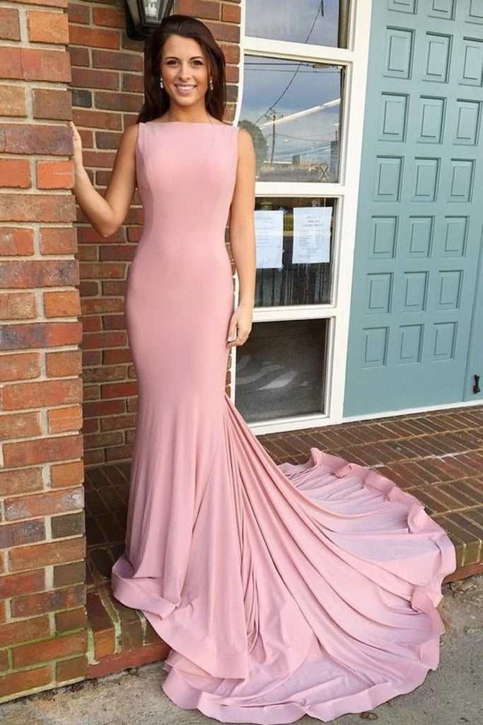 Vestido de cuello largo con cuello en color rosa, elegante, sencillo y barato, vestidos de baile vestidos de gala