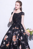 2022 vestidos de fiesta negros Scoop una línea de impresión floral sexy vestido de fiesta largo de encaje