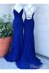 Tirantes cruzados con espagueti Vestidos de fiesta de sirena azul real Vestidos de fiesta de encaje con cuello en V