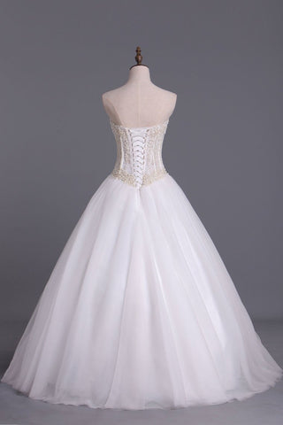2024 vestidos de boda A-Line Novia See Through Tul Con Perlas atan para arriba la longitud del piso