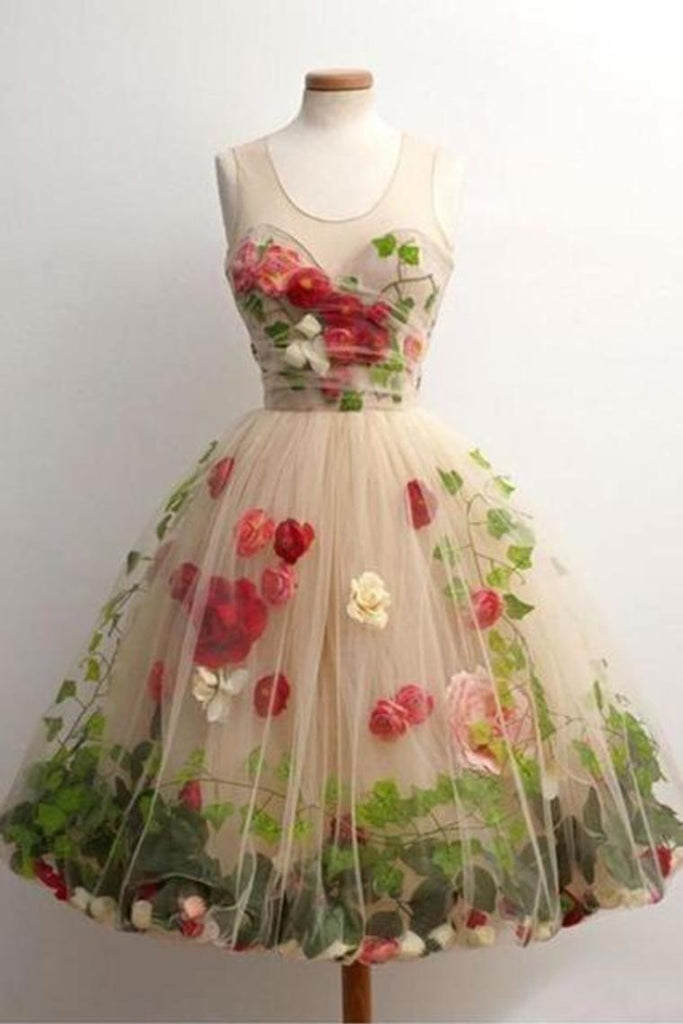 Vestidos de fiesta de flores con bordado floral Una línea de flores cortas hechas a mano