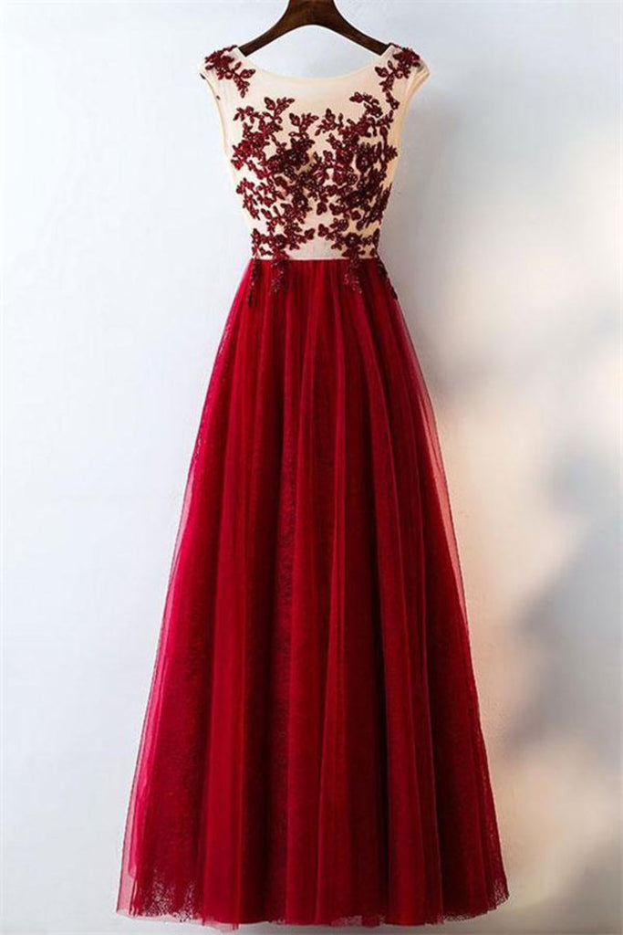 Elegantes vestidos de fiesta de tul de encaje de color borgoño una línea Vestidos hermosos