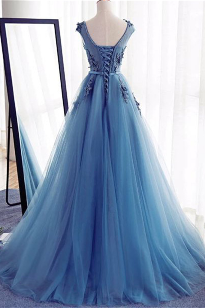 Encantador azul largo de encaje de tul espalda abierta con cordones de la princesa vestidos de baile