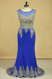 2024 Oscuro azul real vestidos de baile de la cucharada de la sirena con apliques Spandex Tamaño Tren Barrer 18W