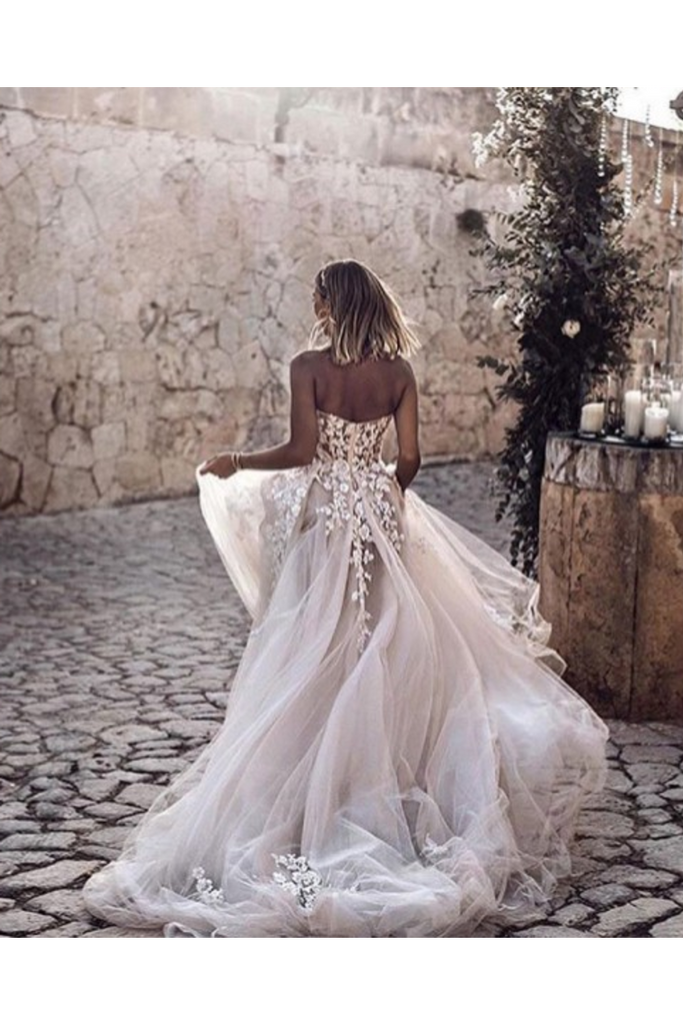 Vestidos de novia de tul baratos largos con apliques de encaje de A Line Sweetheart