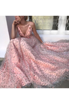 2022 elegante Rosa con cuello en V Encaje floral Vestidos largos de baile Correa de espagueti Vestido formal