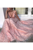 2022 elegante Rosa con cuello en V Encaje floral Vestidos largos de baile Correa de espagueti Vestido formal