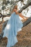 Muslo azul cielo vestido de boda de playa rústico con corte de tren vestidos de noche de fiesta
