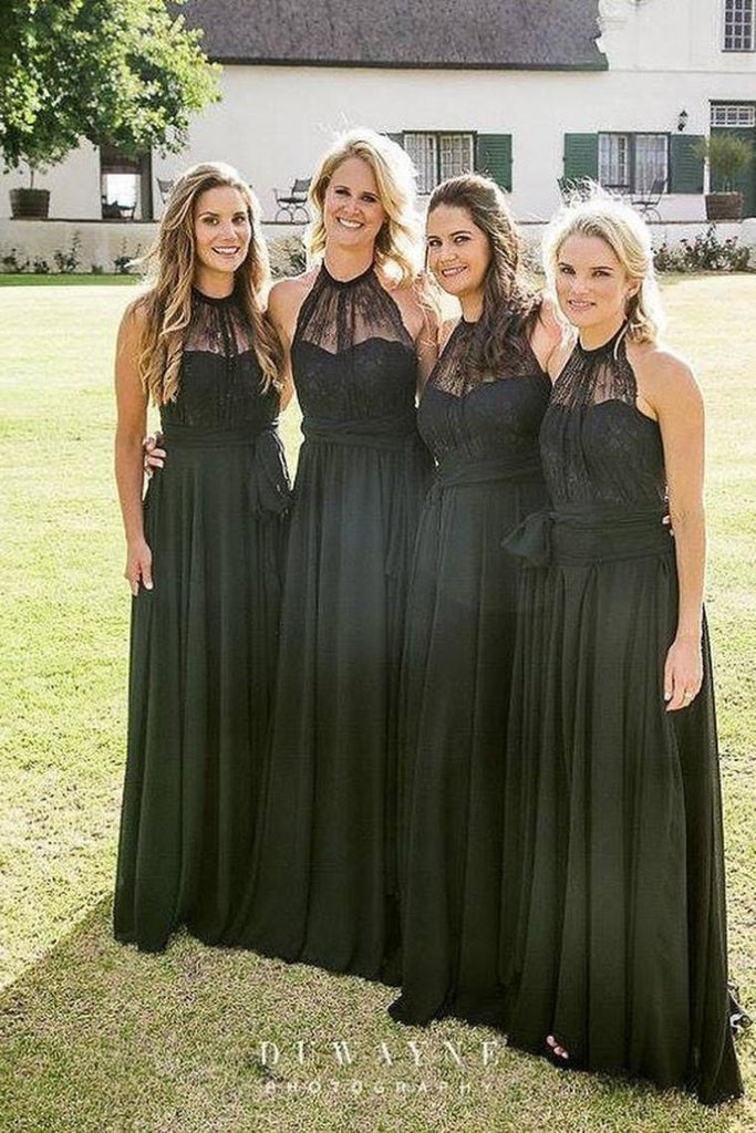 Una línea larga de encaje negro gasa vestidos de dama de honor vestidos de dama de honor