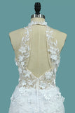 2024 Vestidos de novia de cuello en V Mermaid Tulle con apliques y flores hechas a mano