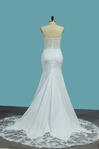 2024 Vestidos de novia de la sirena de las correas de espagueti Spandex con el tren de la corte del Applique