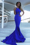 Elegante sirena Royal Blue vestido largo de noche sin espalda de baile