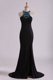 2024 Columna Negro Scoop Prom Vestidos de gasa con diamantes de imitación y perlas de tren de barrido
