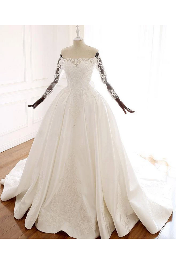 Vestido de novia de manga larga con apliques, vestido de novia de raso