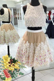 2022 Dos piezas Scoop Homecoming vestidos de una línea de tul con flores hechas a mano
