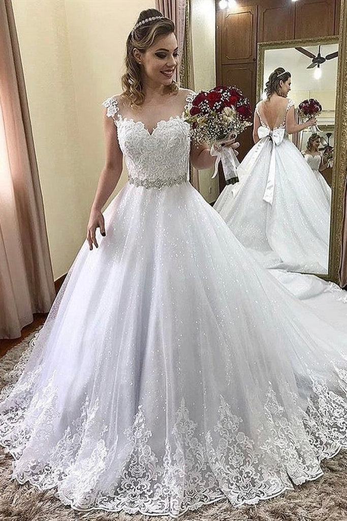 Glitter Princess V-Back A-Line vestido de novia blanco con bowknot