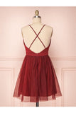 A Line V Neck Short Red / Burgundy Tulle Vestidos de baile Vestidos de Fiesta