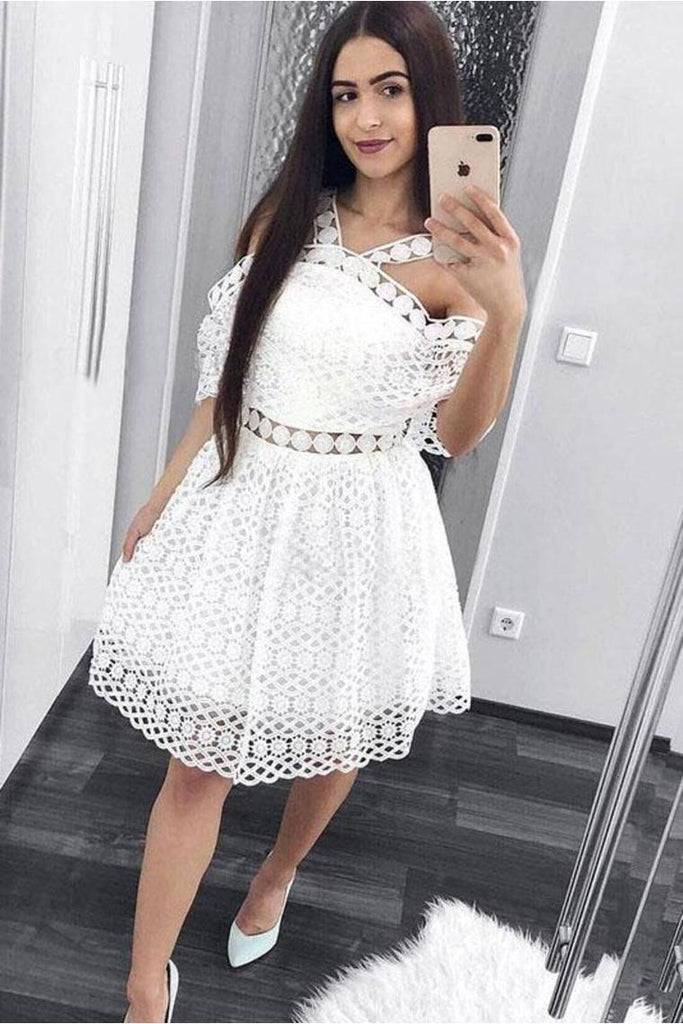 Lindo vestido de fiesta de encaje blanco de una línea, vestidos de fiesta cortos