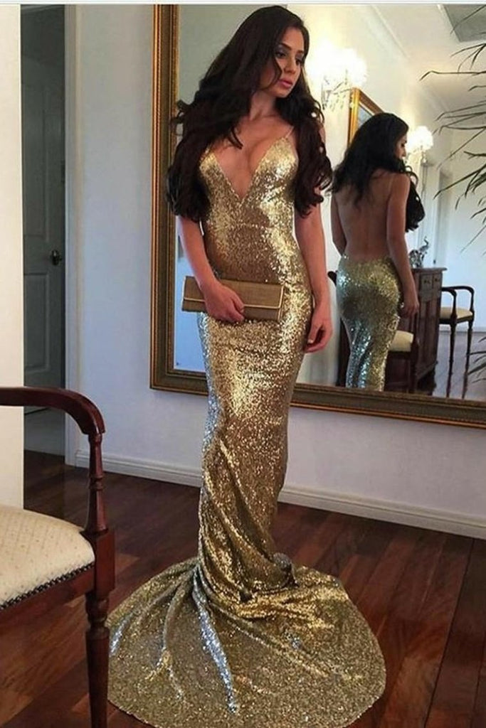 Correas espaguetis sexy con espalda abierta y brillantes largos vestidos de baile dorados