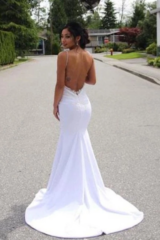 Vestido de novia de sirena con tiras de espagueti con apliques, vestidos de novia sin espalda sexy