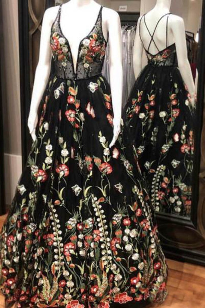 Correa de espagueti 2022 Vestidos de baile negros Vestido formal floral Vestidos de noche