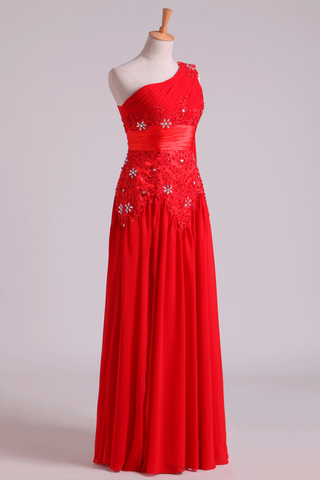 2024 Red de un hombro vestidos de baile Una Línea Con aplicadas &amp; Ruffles piso-longitud