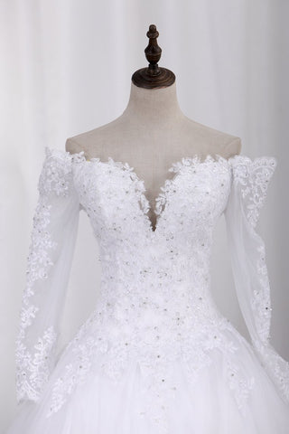 2022 Nuevo vestido de novia A-Line cucharada de manga larga tren de la corte de Tulle con Applique