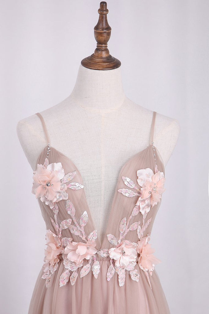 2022 Vestidos de baile de fin de curso Spaghetti Straps Tulle con apliques y flores hechas a mano