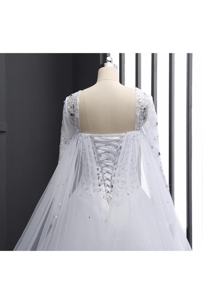 Vestidos de novia de novia Una línea con pedrería con cuentas Tulle Manga larga Tren de la capilla
