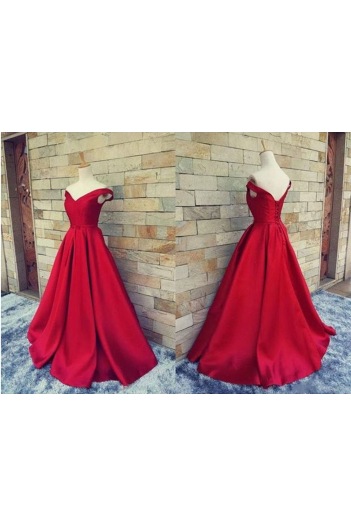 2024 Off The Shoulder Prom Dresses Satin Red Sweep Train Lace Up Back