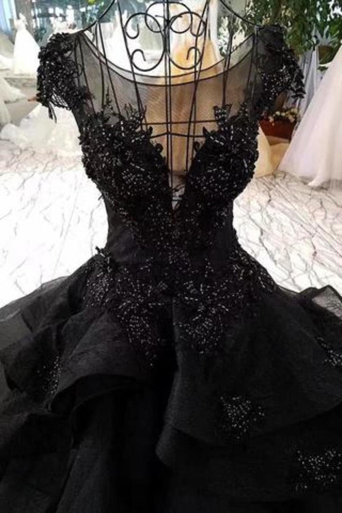 Vestido de novia con un hermoso vestido de fiesta negro con mangas cortas, vestido largo de novia con cuentas