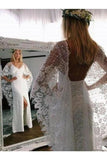 Vestidos de novia sexy con espalda abierta Encaje con cuello en V con abertura y apliques