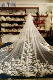 2022 magnífico velo de novia de tul Longitud 3 metro de ancho de 3 metros con flores hechas a mano
