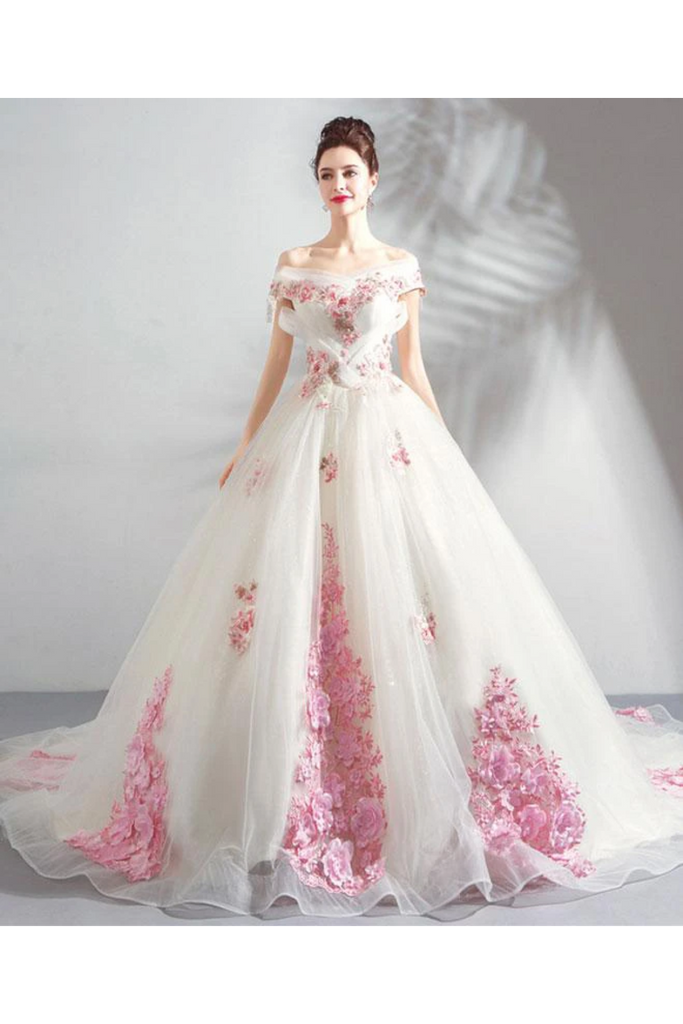 Vestido de novia de tul fuera del hombro con flores rosadas, vestido de novia