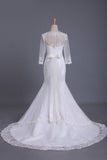 2024 vestido de Tulle de la cucharada 3/4 Longitud de la manga de la sirena de la boda con el marco tribunal tren