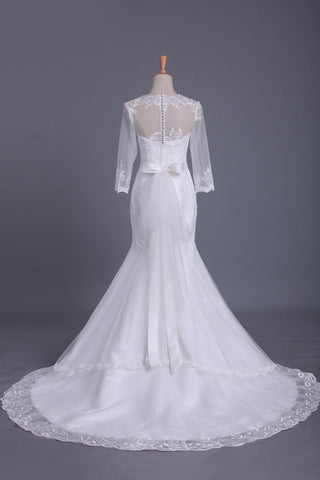 2022 vestido de Tulle de la cucharada 3/4 Longitud de la manga de la sirena de la boda con el marco tribunal tren