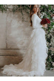 Vestidos de novia de una línea / princesa de tul con volantes de mangas largas Barrer / Cepillar