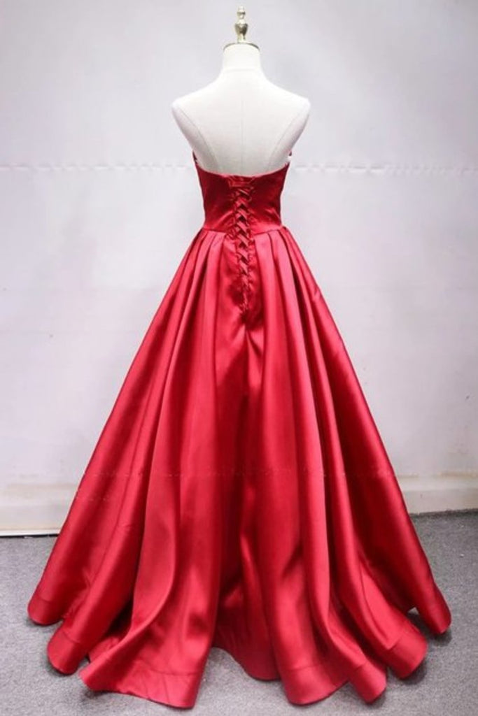 A Line Sweetheart Red Satin Lace Up Long Prom Dresses With Bowknot, Vestidos formales baratos