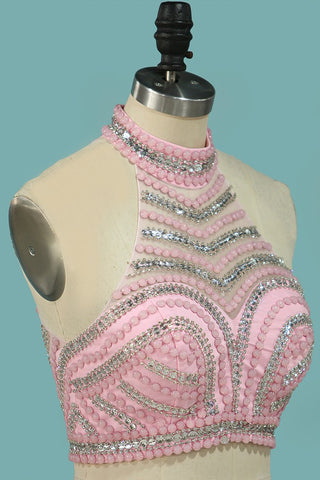 2024 de dos piezas vestidos de baile sirena Spandex cuello alto rebordeado blusa