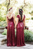 Sparkly Long Burgudny Sequin Vestidos de fiesta de boda brillantes Vestidos de dama de honor
