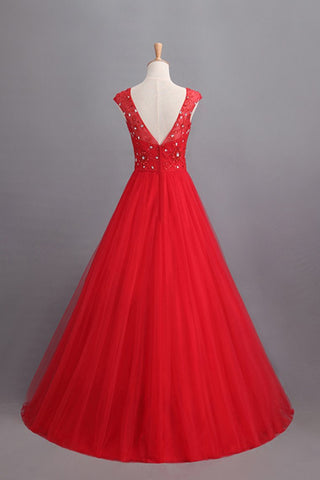 2024 vestidos de baile Una lÍnea de cuchara larga de tul V Volver Red
