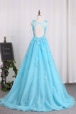 2024 A Line Prom Dresses Tulle Bateau con apliques y flor hecha a mano Sweep Train