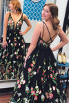 Correa de espagueti 2022 Vestidos de baile negros Vestido formal floral Vestidos de noche