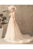 Vestido de novia de tul sin mangas de marfil con encaje, vestido de novia de una línea de pliegues con espalda abierta