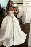 Vestidos de novia largos de satén con hombros descubiertos y bolsillos, vestido de novia simple