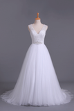 2024 V-cuello una línea vestidos de boda de tul con cuentas blusa tribunal tren